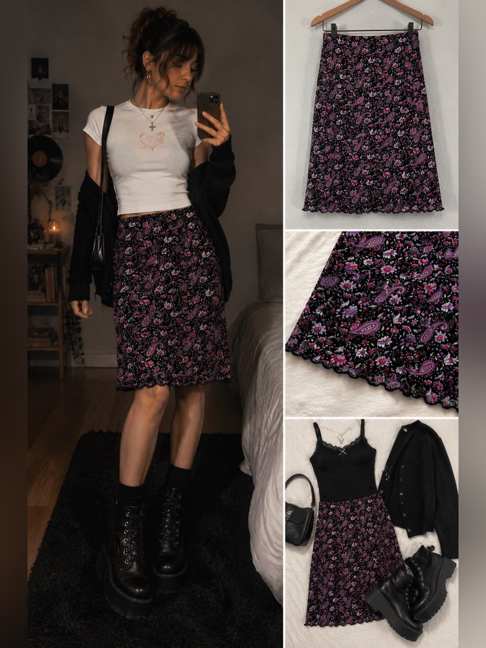 Y2K Paisley Floral Midi Skirt•Black Pink Coquette Indie Sleaze Fairycore M